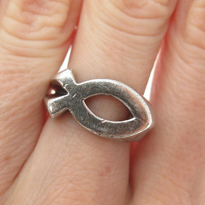 925 Sterling Silver Vintage Ichthys Religious Oxidized Ring Size 7.5