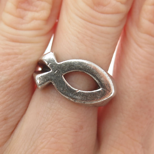 925 Sterling Silver Vintage Ichthys Religious Oxidized Ring Size 7.5