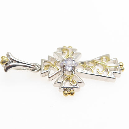 925 Sterling Silver 2-Tone Princess-Cut Lavender C Z Cross Minimalist Pendant