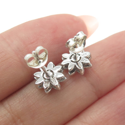 925 Sterling Silver Real Round-Cut Diamond Flower Stud Earrings