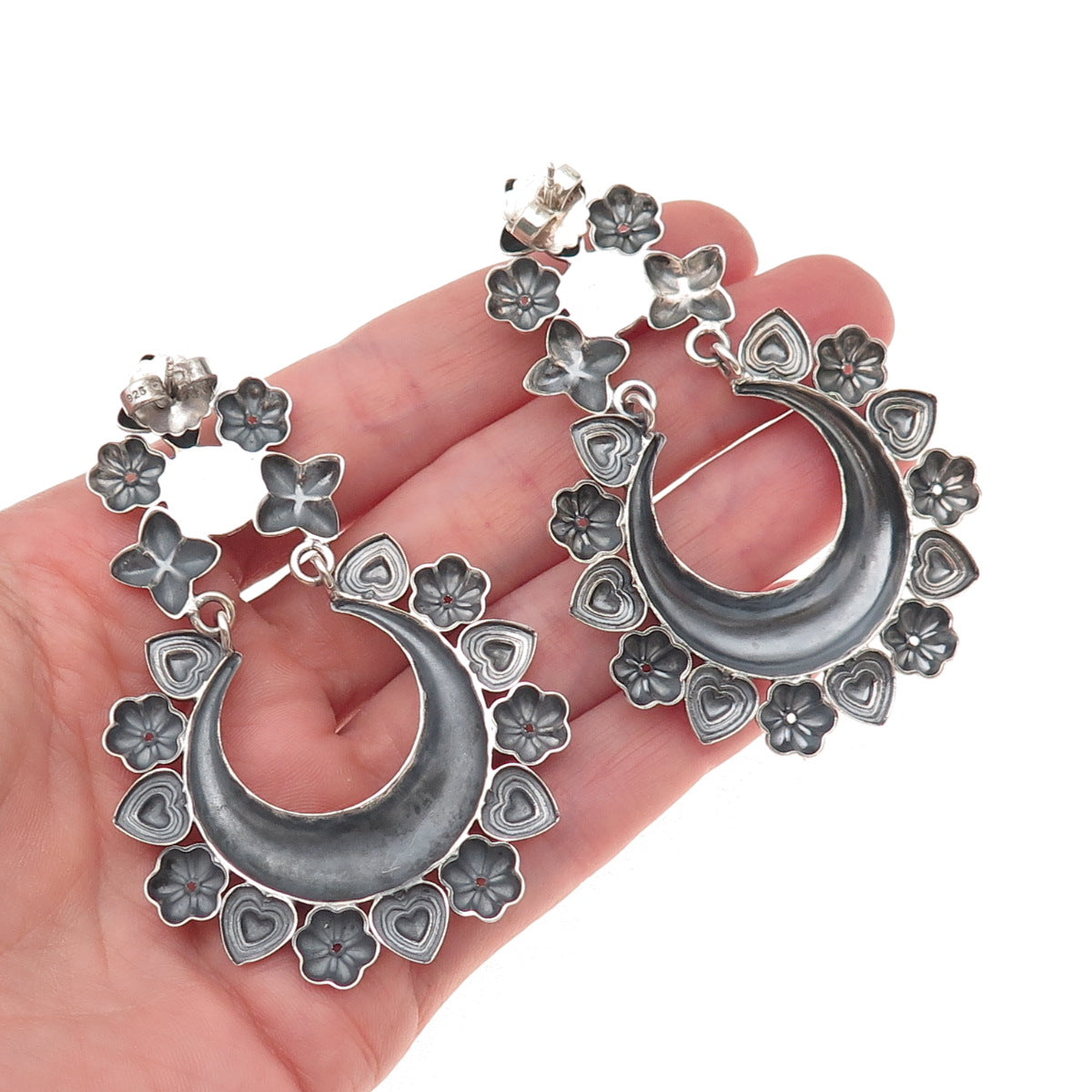 Arya 925 Sterling Silver Floral Heart Crescent Oxidized Dangle Earrings