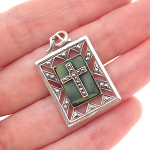 925 Sterling Silver Antique Art Deco Real Jade & Marcasite Cross Charm Pendant