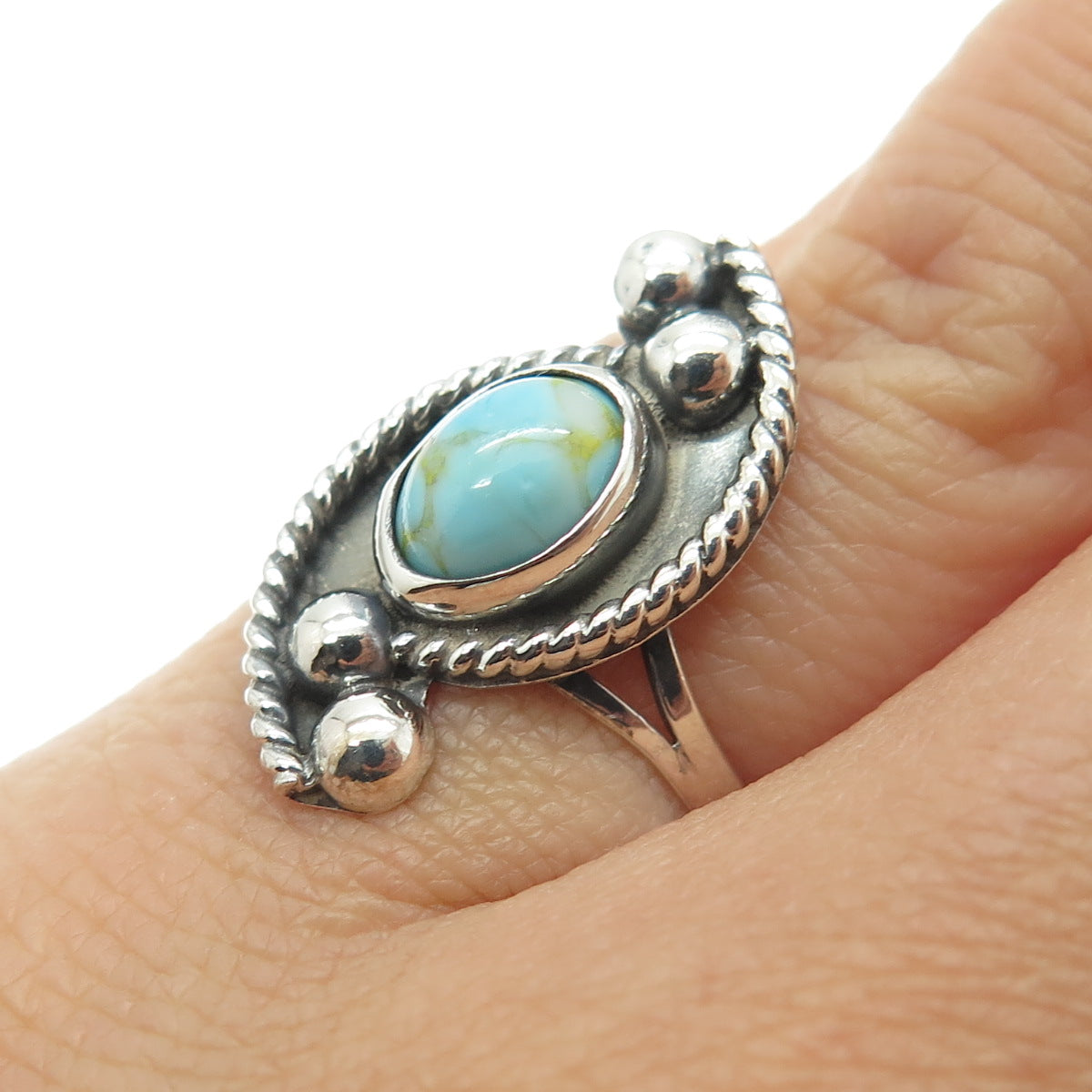 925 Sterling Silver Vintage Mexico Real Turquoise Gemstone Ethnic Ring Size 5.75