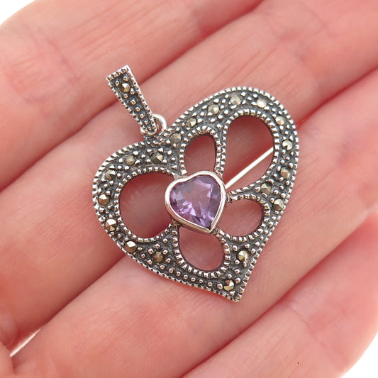 925 Sterling Silver Vintage Real Amethyst & Marcasite Heart Oxidized Pendant