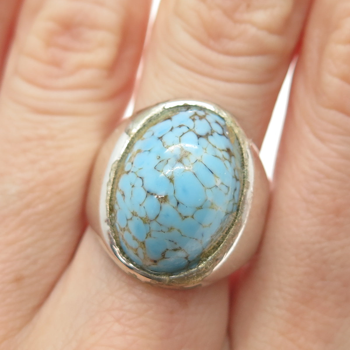 925 Sterling Silver Vintage Mexico Cabochon Faux Turquoise Ring Size 9.5
