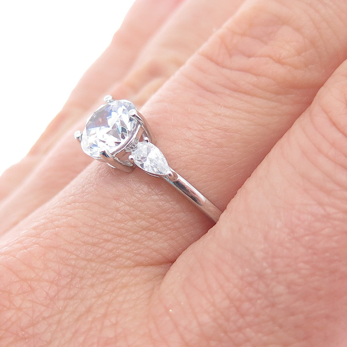 925 Sterling Silver Round & Pear-Cut C Z Engagement Ring Size 8.25