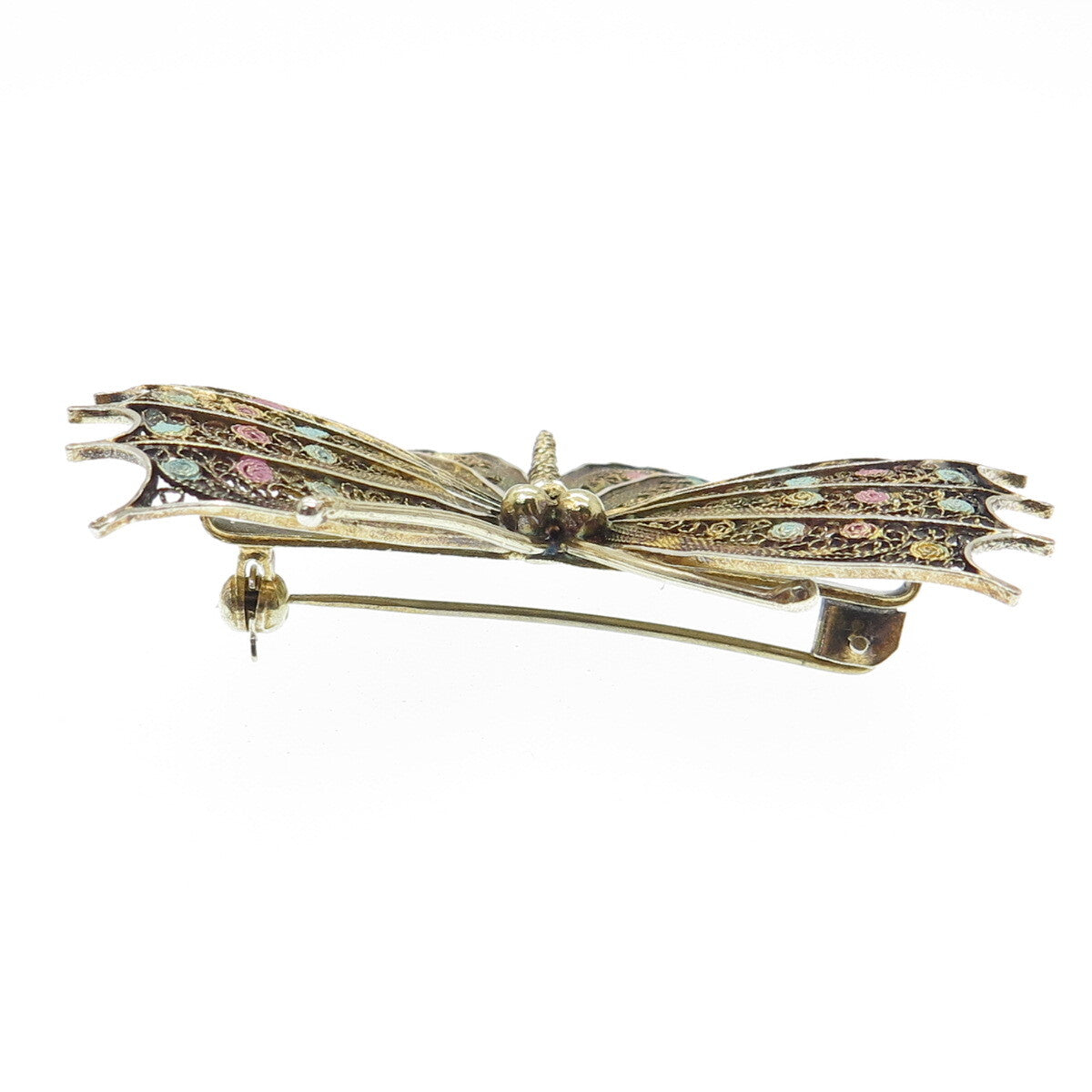 800 Silver Vintage Enamel Filigree Butterfly Pin Brooch