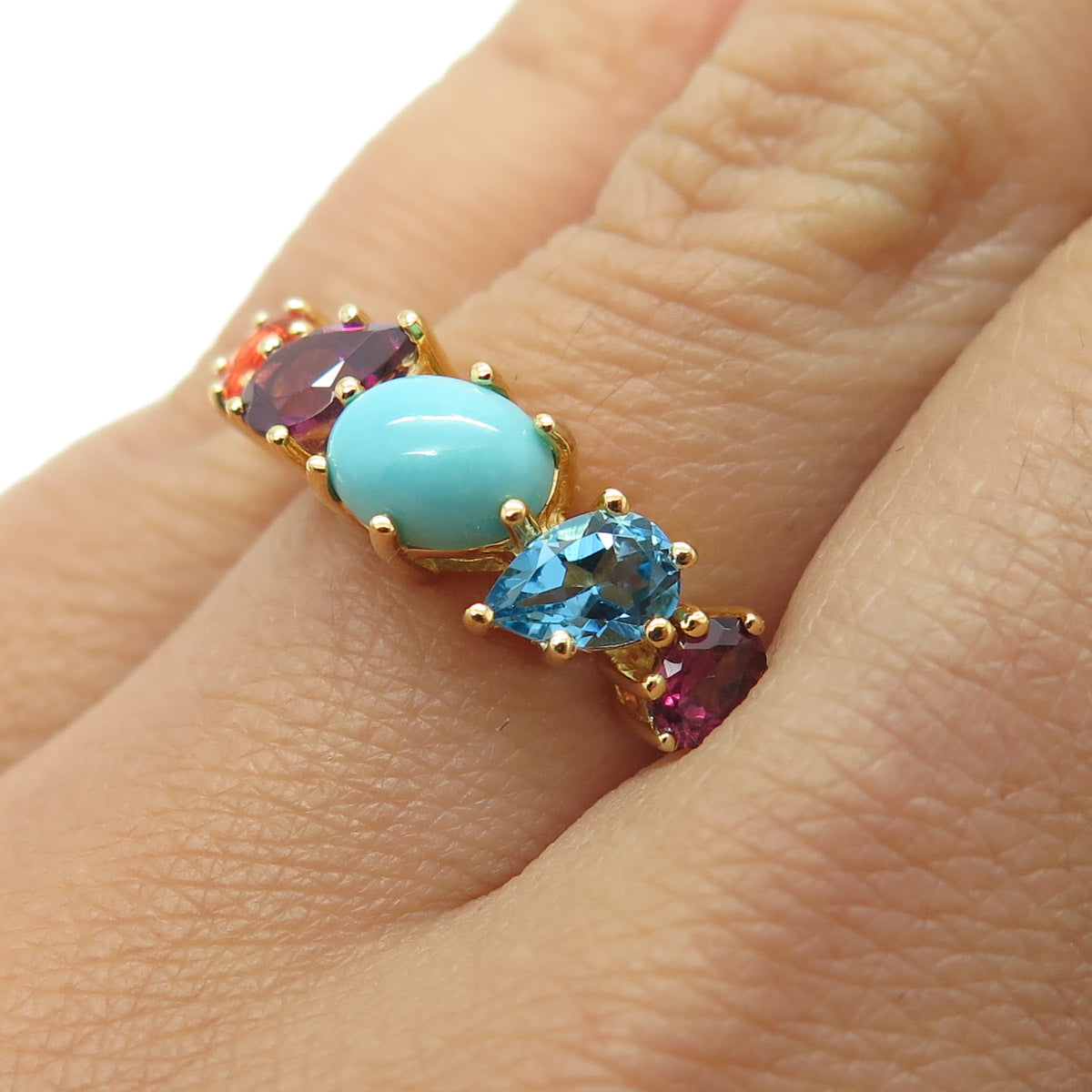 925 Sterling Silver Gold Plated Real Turquoise Amethyst Topaz & Opal Ring Size 6