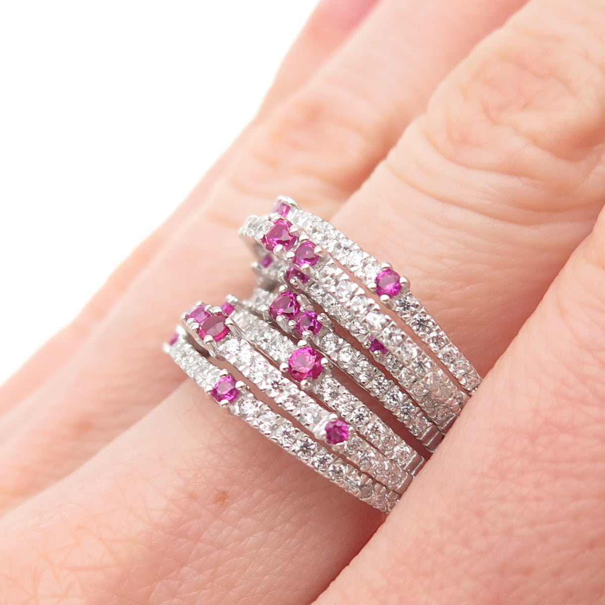 925 Sterling Silver Lab-Created Sapphire & C Z Crisscross Ring Size 6.25