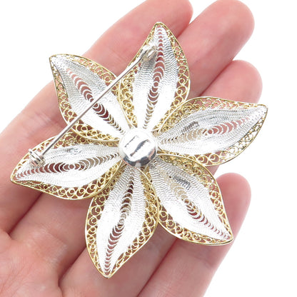 ASJ MAURITIUS 925 Sterling Silver 2-Tone Vintage Filigree Floral Pin Brooch