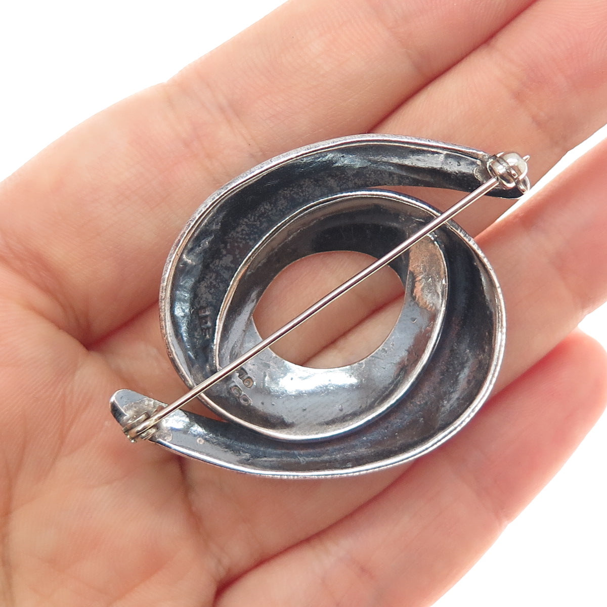 925 Sterling Silver Vintage Mexico Modernist Interlocked Oxidized Pin Brooch