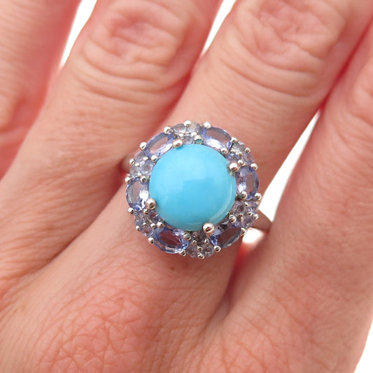 Chuck Clemency 925 Sterling Silver Real Turquoise & Tanzanite Floral Ring Size 8