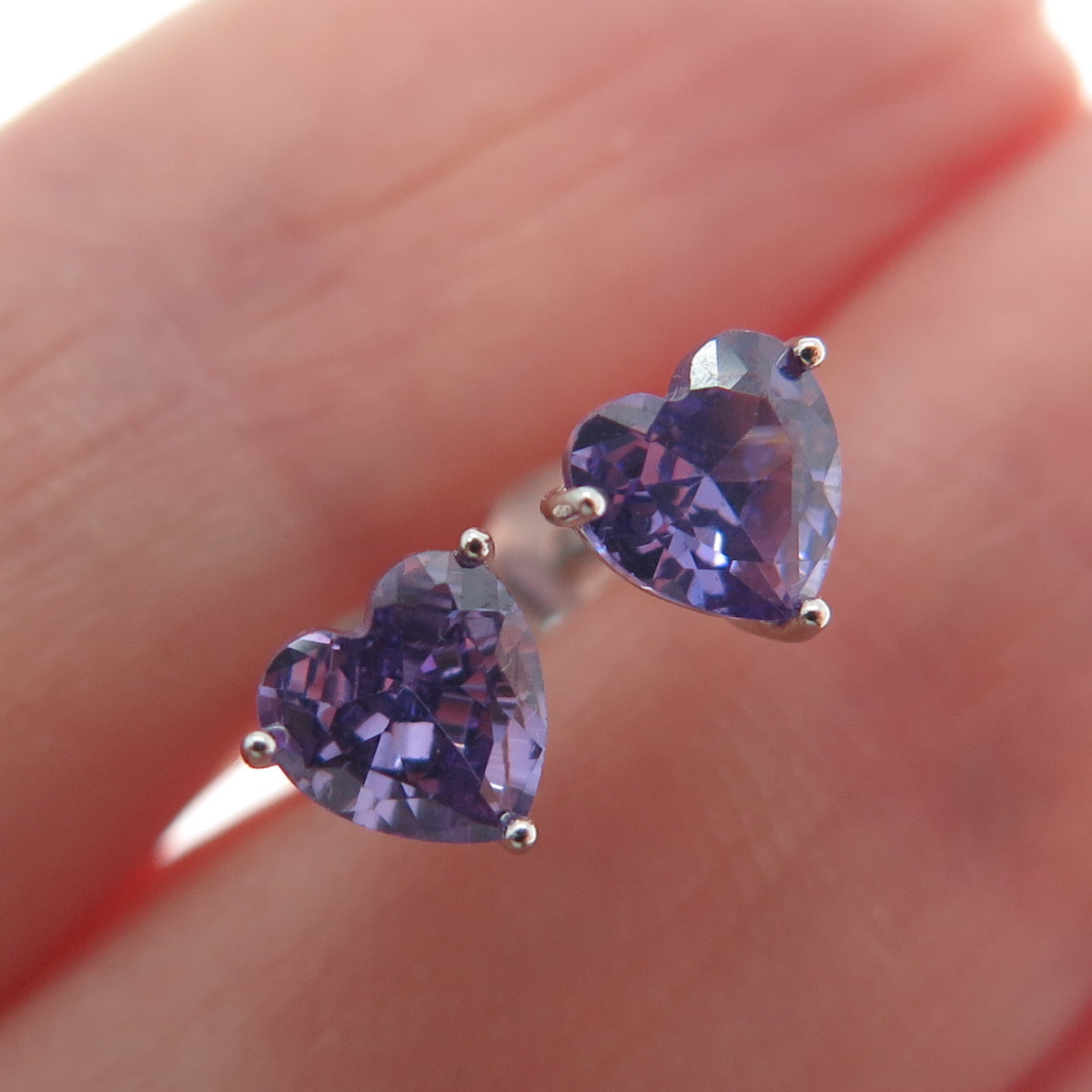 925 Sterling Silver Heart-Cut Purple C Z Stud Earrings