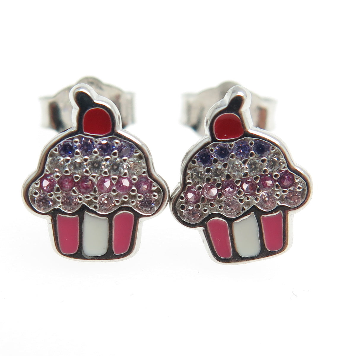 925 Sterling Silver Enamel & Multi-Color Round-Cut C Z Cupcake Earrings