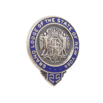 925 Sterling 2-Tone Vintage Enamel Grand Lodge of the State of NY 25 Years Pin