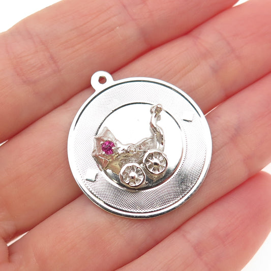 925 Sterling Silver Vintage Pink Rhinestone Baby Stroller Charm Pendant