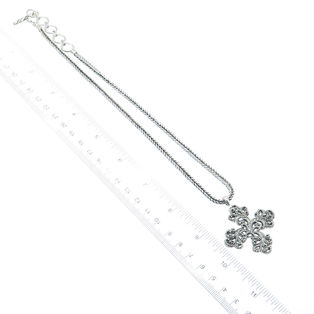 LOIS HILL Sterling Silver Vintage Granulated Cross Spiga Chain Necklace 16-18"