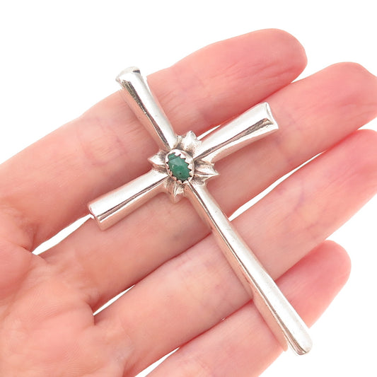 Old Pawn 925 Sterling Silver Vintage Malachite Cross Tribal Pin Brooch / Pendant