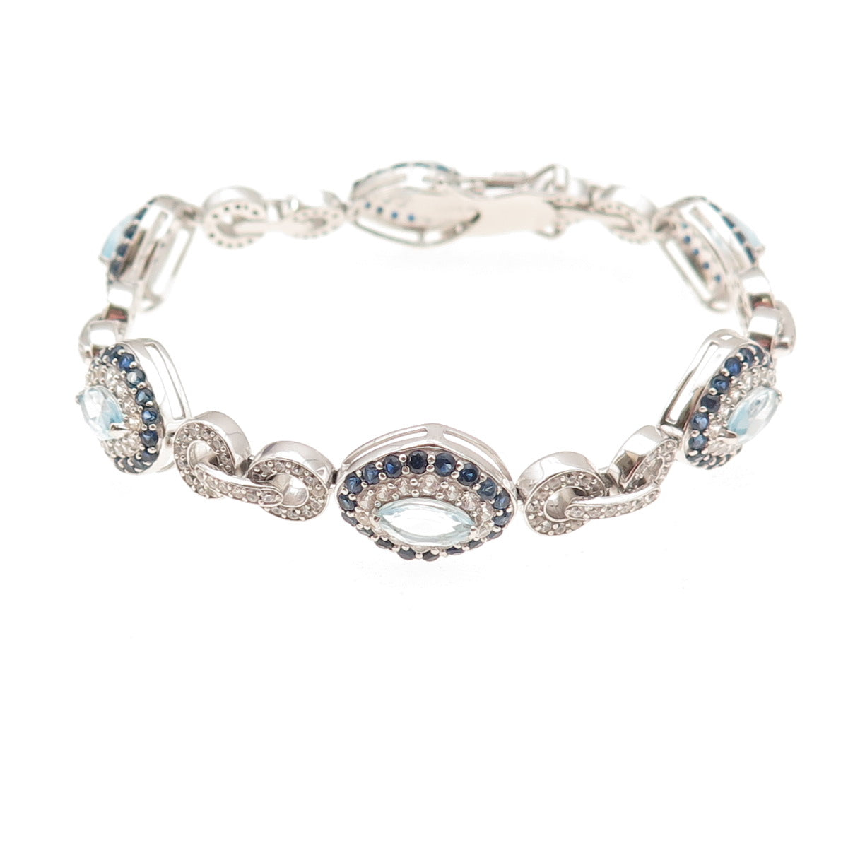 925 Sterling Silver Real Sapphire Blue & White Topaz Bracelet 7"