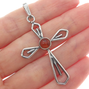 925 Sterling Silver Vintage Real Amber Cross Oxidized Charm Pendant
