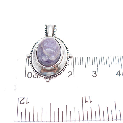925 Sterling Silver Vintage Real Charoite Oxidized Charm Pendant