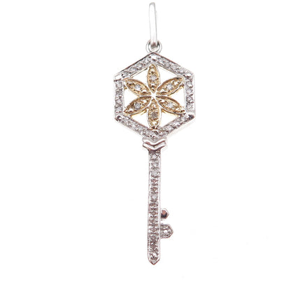 925 Sterling Silver 2-Tone Real Round-Cut Diamond Floral Key Charm Pendant