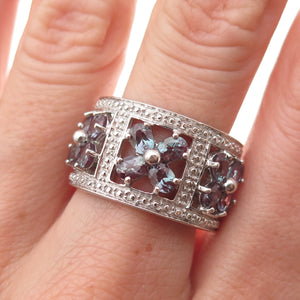 925 Sterling Silver Lab-Created Peacock Sapphire Floral Ring Size 9