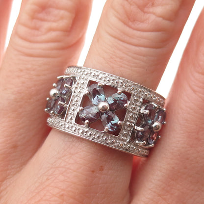 925 Sterling Silver Lab-Created Peacock Sapphire Floral Ring Size 9