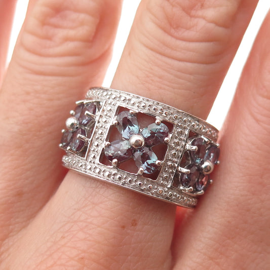925 Sterling Silver Lab-Created Peacock Sapphire Floral Ring Size 9
