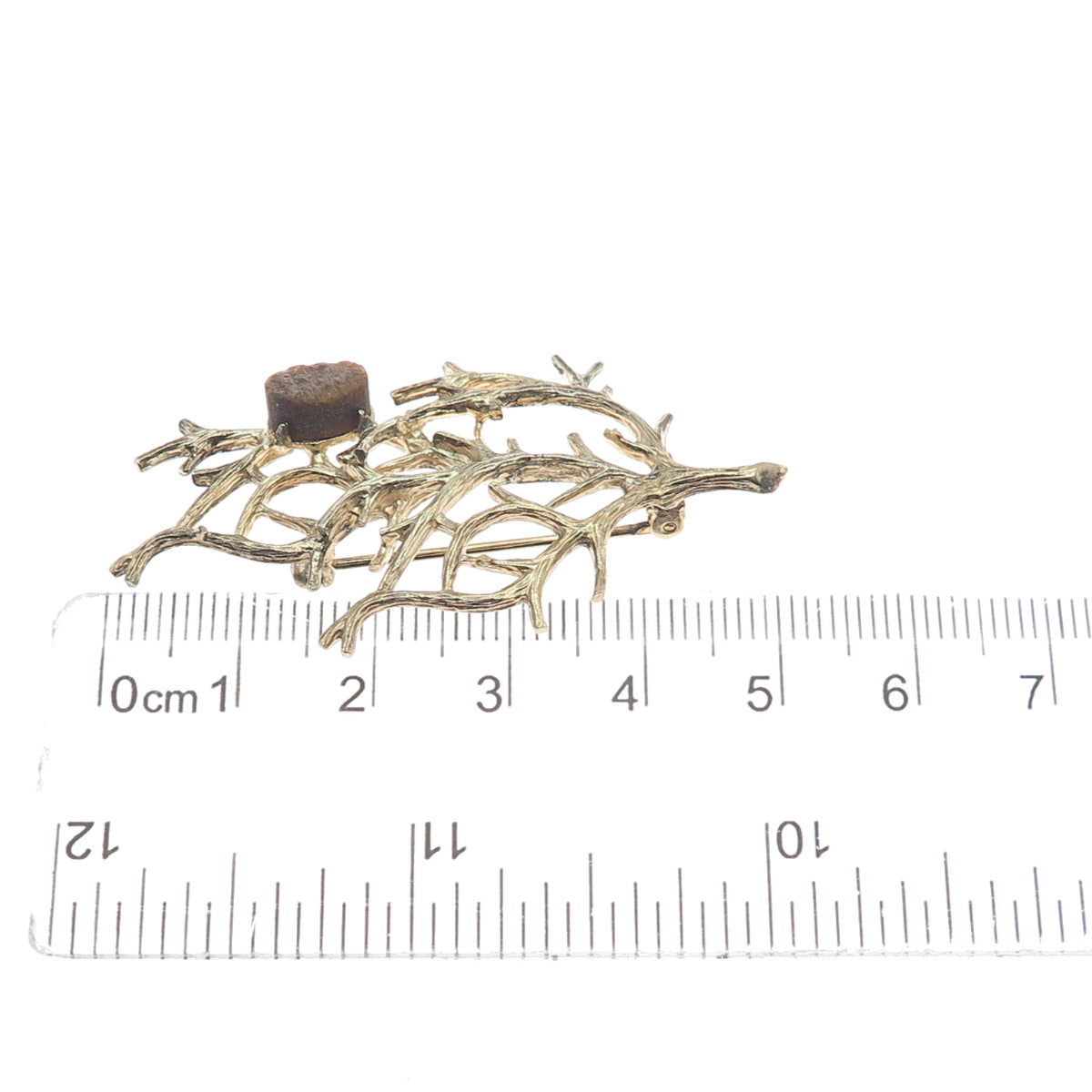 WELLS 925 Sterling Silver Gold Plated Vintage Real Tiger Eye Tree of Life Brooch