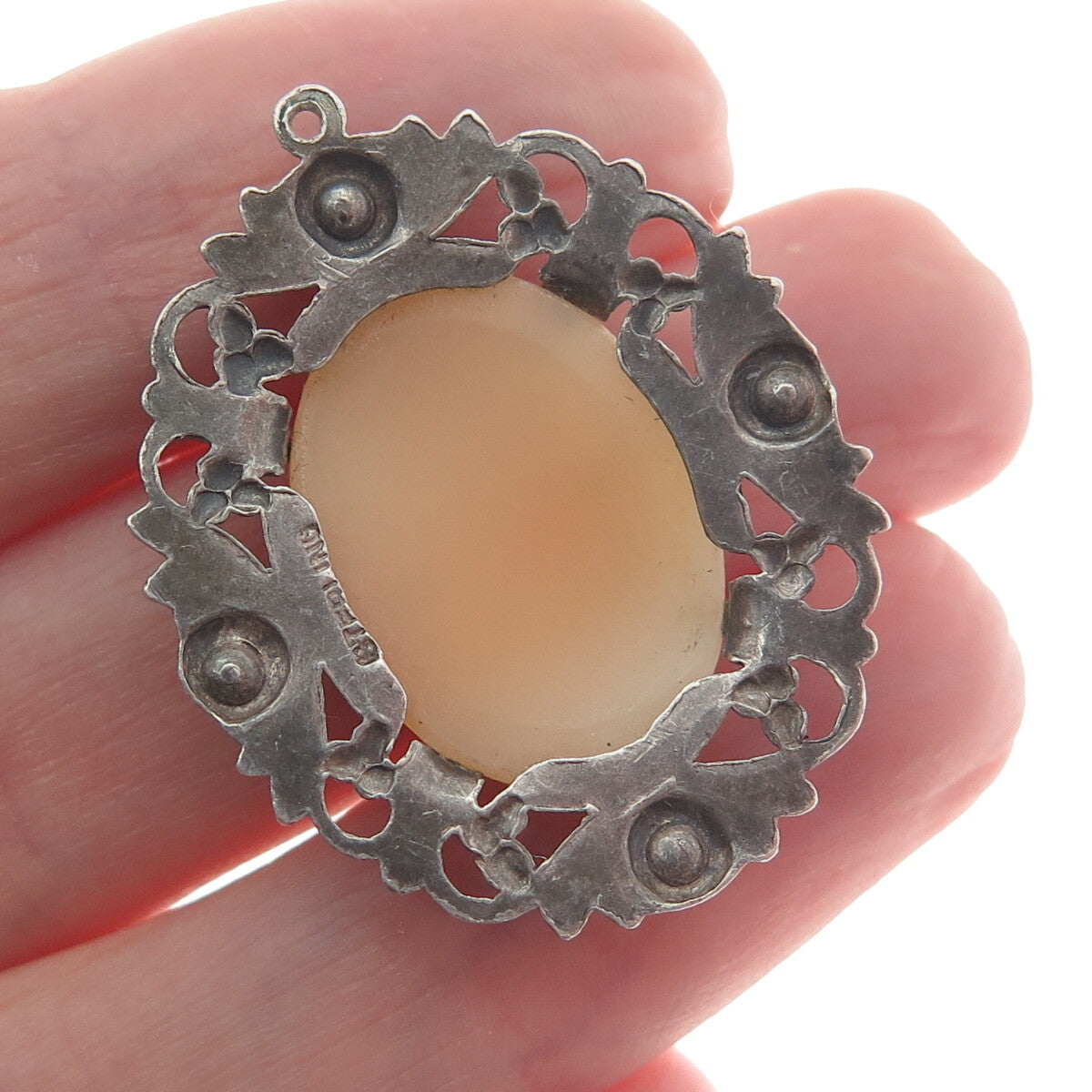 925 Sterling Silver Antique Art Deco Real Carved MOP & Marcasite Cameo Pendant