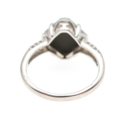 925 Sterling Silver Real Doublet Black Opal & White Topaz Ring Size 10.5