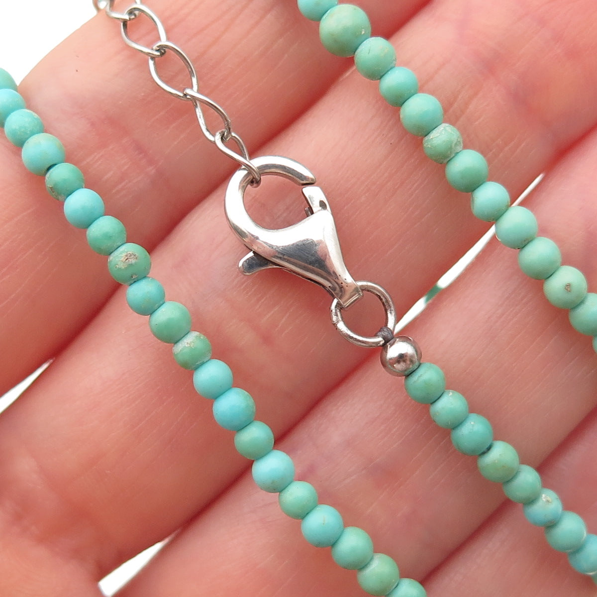 925 Sterling Silver Real Lone Mountain Turquoise Ball Beaded Necklace 22-24"