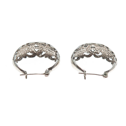 925 Sterling Silver Vintage Ornate Floral Oxidized Hoop Earrings