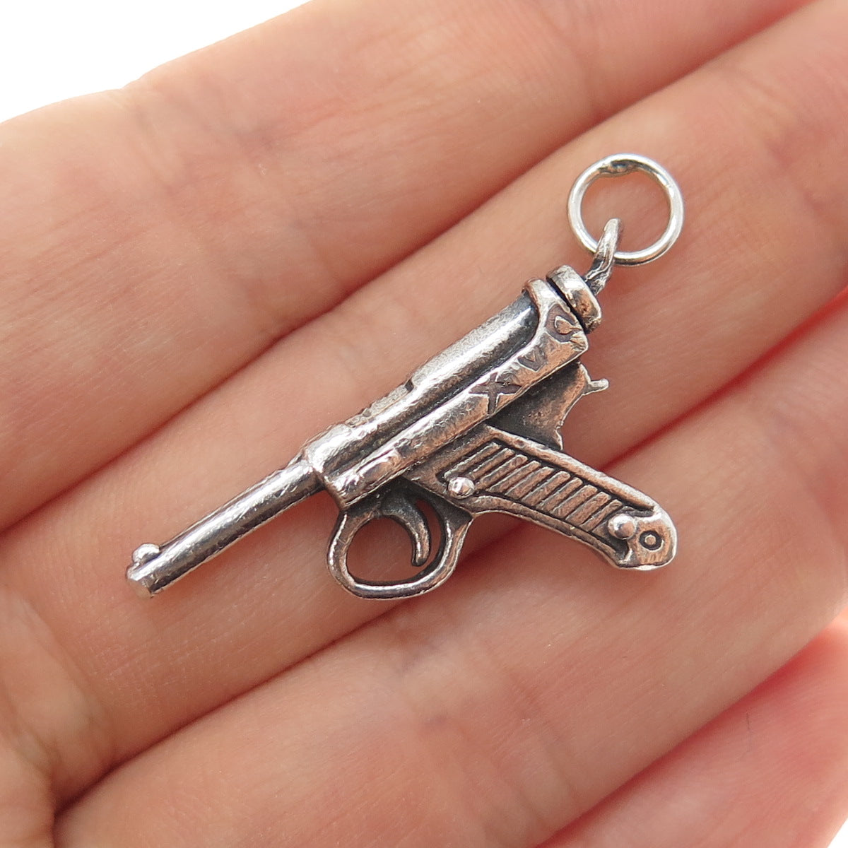 925 Sterling Silver Vintage Luger Pistol Oxidized Charm Pendant