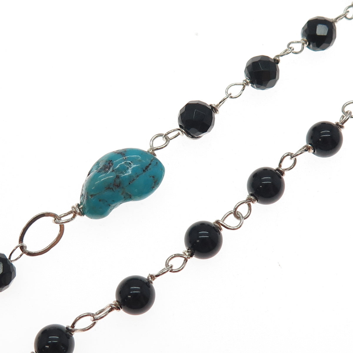 925 Sterling Silver Vintage Black & White Onyx Carnelian Turquoise Necklace 16"