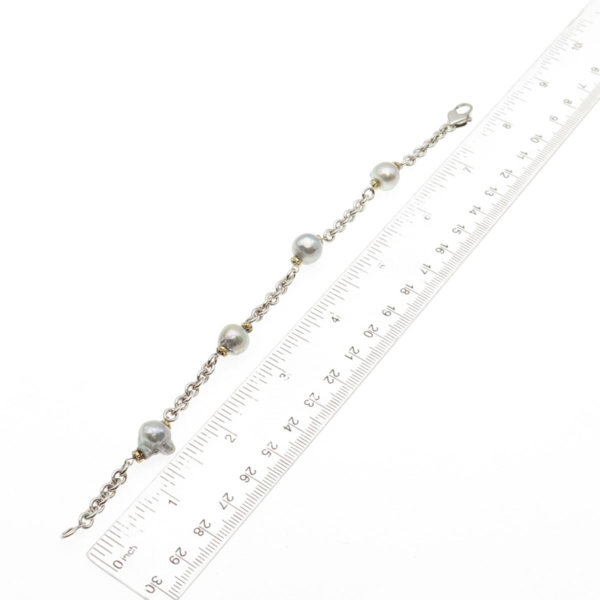 925 Sterling Silver 14K Gold Vintage Real Pearl By The Yard Bracelet 7.75"
