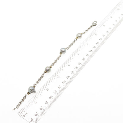 925 Sterling Silver 14K Gold Vintage Real Pearl By The Yard Bracelet 7.75"