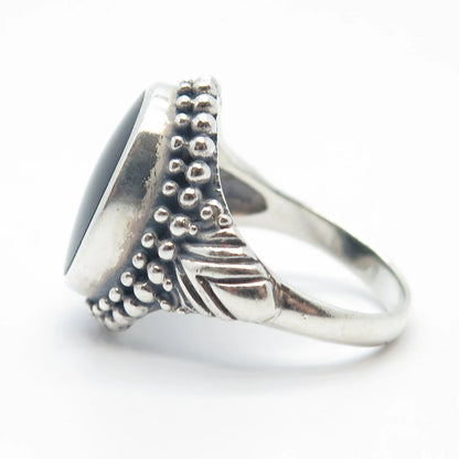 925 Sterling Silver Vintage Real Black Onyx Gem Oval Beaded Ring Size 7.25