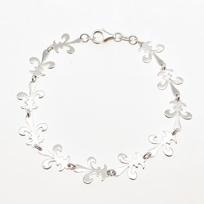 925 Sterling Silver Vintage Fleur de Lis Link Bracelet 7.25"