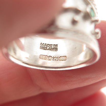 925 Sterling Vintage JB Ireland Real Green Chalcedony Claddagh Ring Size 6