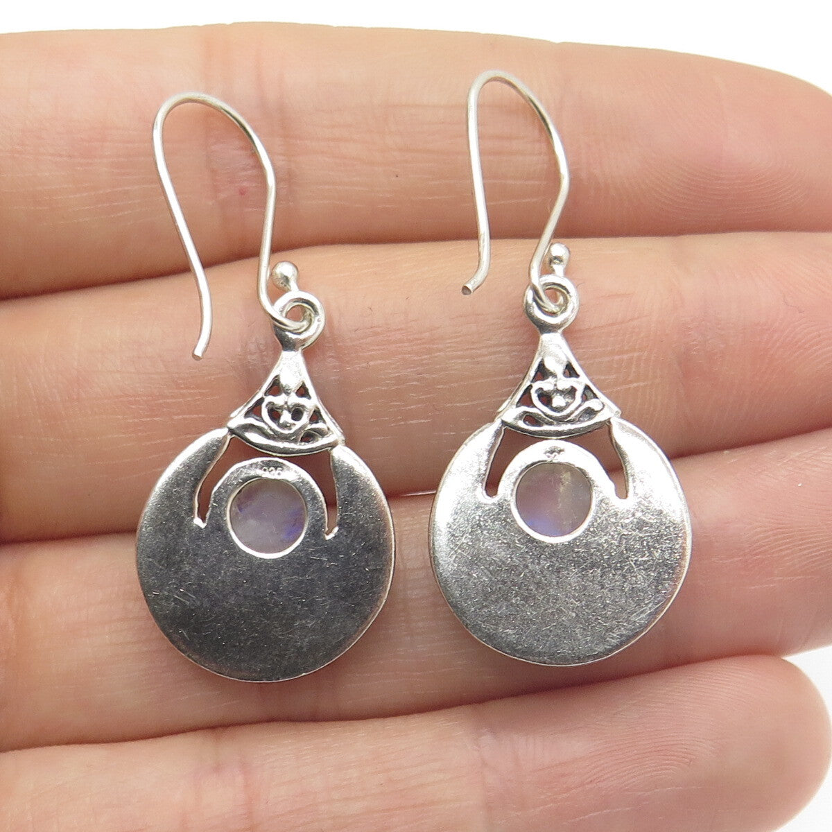 925 Sterling Silver Vintage Real Moonstone Crescent Teardrop Dangle Earrings