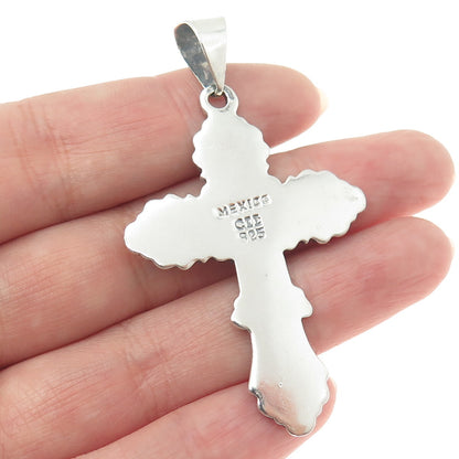 925 Sterling Silver Vintage CII Mexico Floral Cross Oxidized Pendant