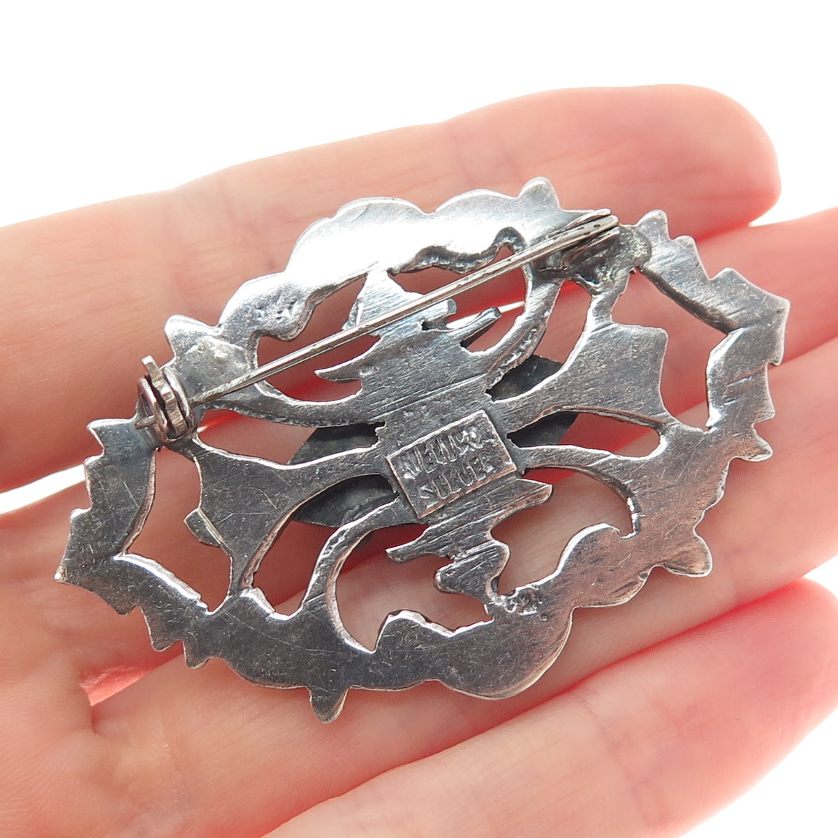925 Sterling Silver Antique Mexico Real Amethyst Floral Oxidized Pin Brooch