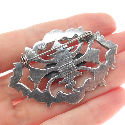 925 Sterling Silver Antique Mexico Real Amethyst Floral Oxidized Pin Brooch