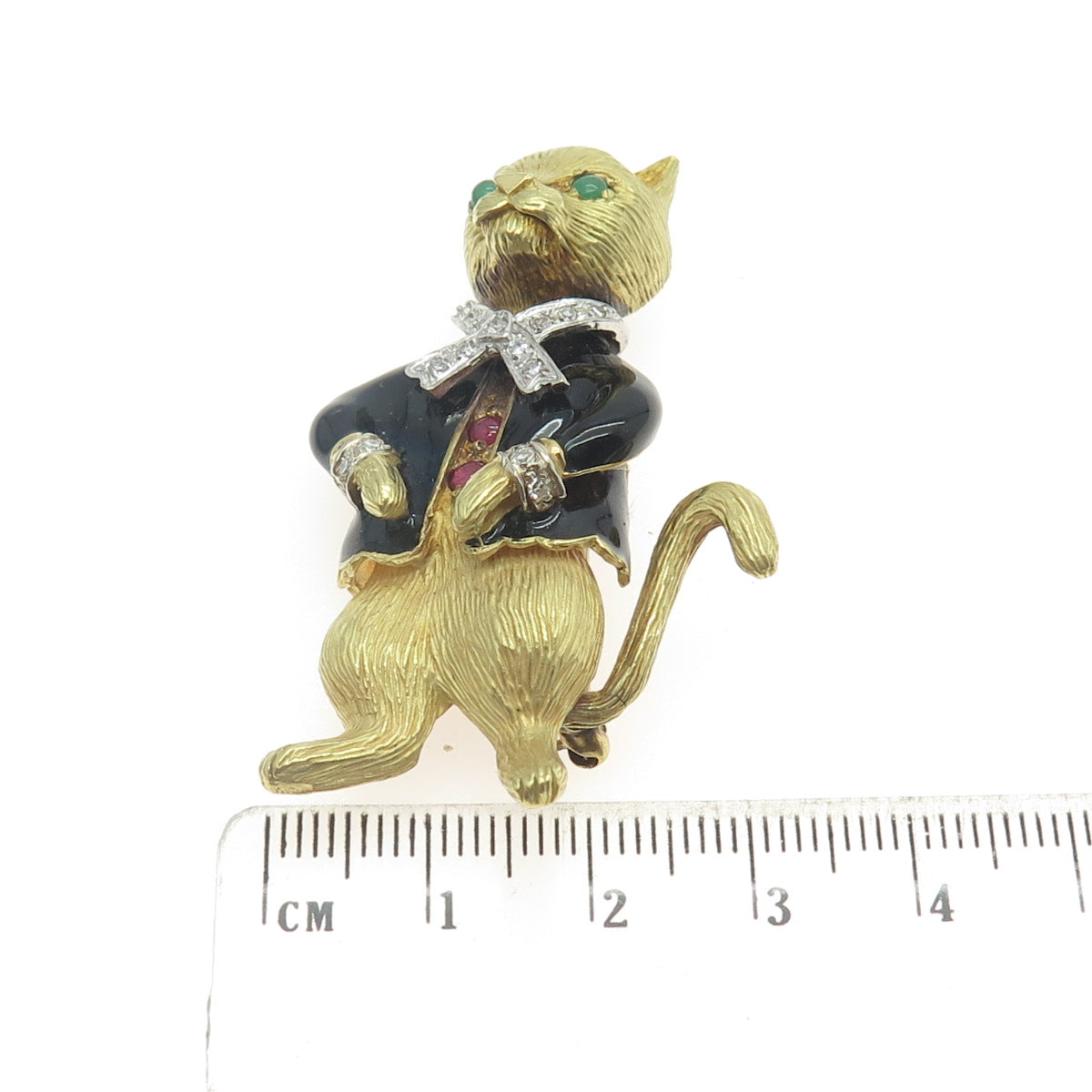 18K Yellow Gold Vintage Enamel Real 0.30ct Diamond Emerald & Ruby Cat Pin Brooch