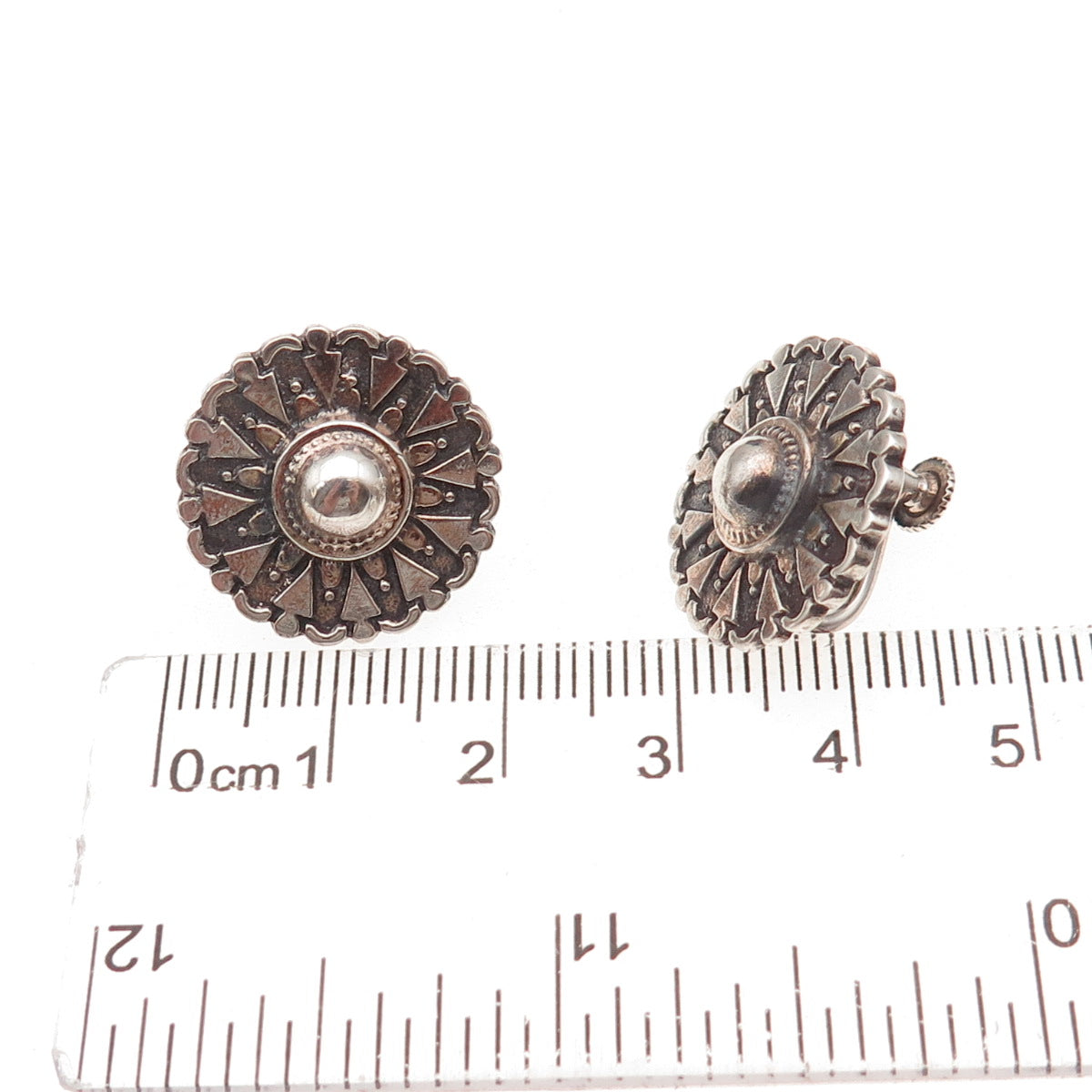 925 Sterling Silver Antique Art Deco Sun Shield Oxidized Screw Back Earrings