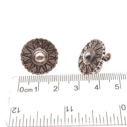 925 Sterling Silver Antique Art Deco Sun Shield Oxidized Screw Back Earrings