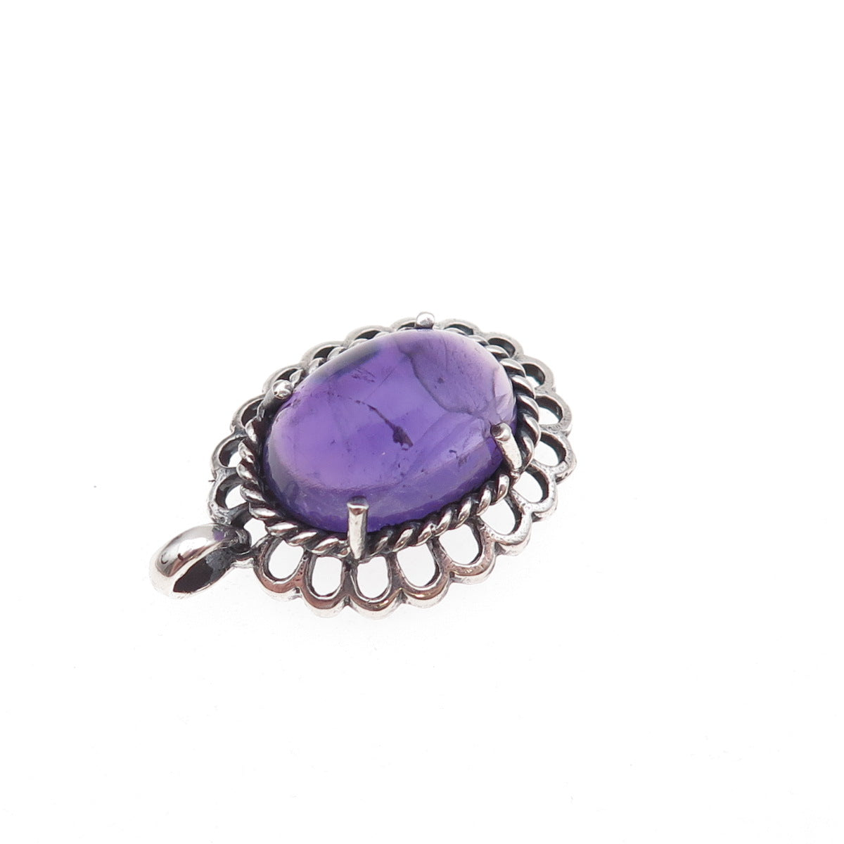 925 Sterling Silver Vintage Real Amethyst Floral Oxidized Charm Pendant