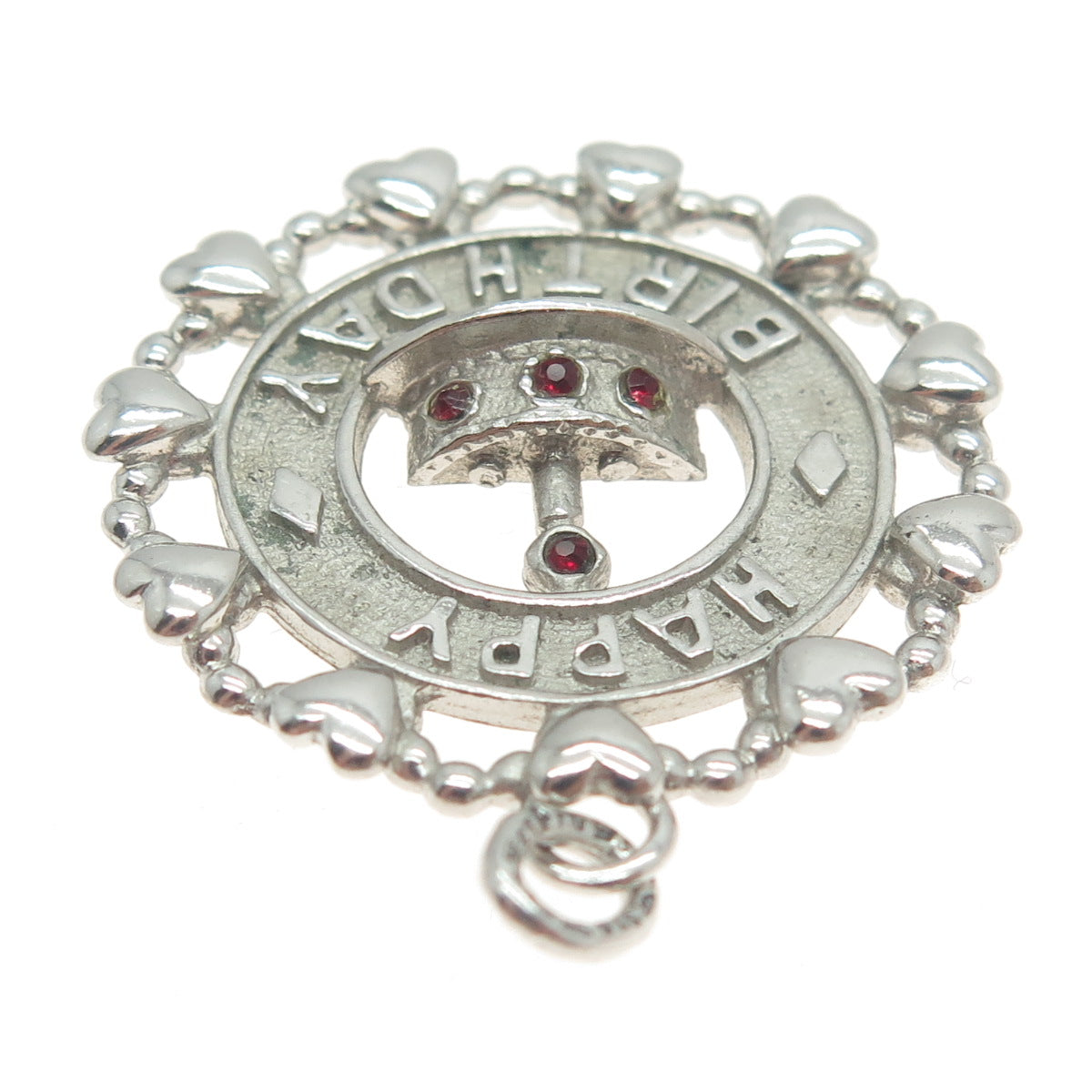 WELLS 925 Sterling Silver Vintage Red Rhinestone Happy Birthday Cake Pendant